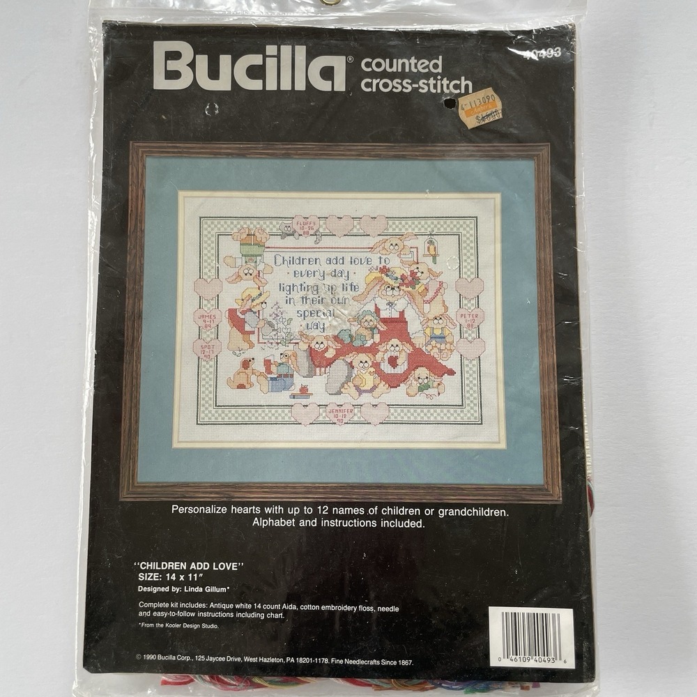 Vtg 1990 Bucilla Counted Cross Stitch Kit Children Add Love 14"x 11" Bunnies New